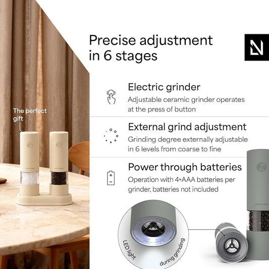 LARS NYSØM Electric Salt and Pepper Grinder Set I Automatic Salt and Pepper Mills with Adjustable Ceramic Grinder I AAA-Battery Operated Electric Spice Mill Set (Ash Gray)
