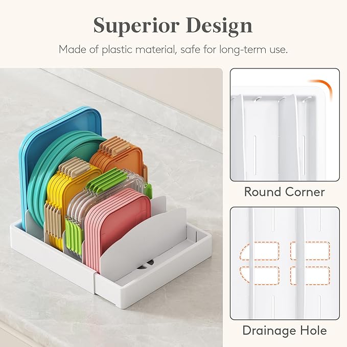 Lifewit Kitchen Cabinet Organizer for Food Contanier Lid with 9 Sections | Expandable Lids Holder with 8 Adjustable Dividers for Pantry Organizers and Storage, Home Organization, Large, 9.8"-17"