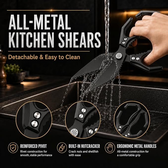 Multifunctional Heavy-Duty Kitchen Shears,Kitchen Shears for Cutting Chicken,Kitchen Scissors for Food,Japanese High-Carbon Steel Culinary Shears,for Chicken,Bone Cutting,Chris tmas Gifts (Pure Black)