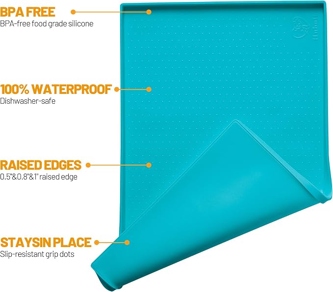 Hubulk Dog Feeding Mat,100% Waterproof BPA Free Silicone Pet Food and Water Bowl Placemat,Dishwasher, High Raised Edge to Prevent Spills,Nonslip Tray to Stop Messes on Floor (19"x12"x0.5", Teal)