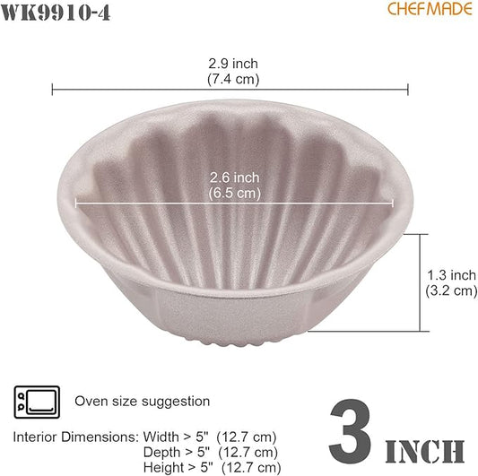 CHEFMADE Mini Madeleine Cake Pan Set, 3-Inch 4Pcs Non-Stick Spherical Shell Madeline Bakeware for Oven and Instant Pot Baking (Champagne Gold)