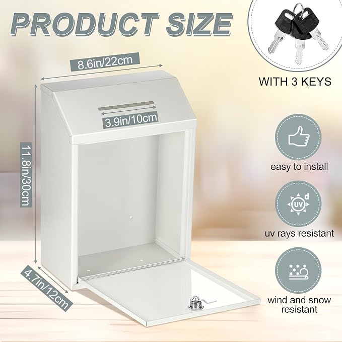 Yaocom Metal Money Box,White,11.81 x 8.58 x 4.72 Inch,No Lid | Wall Mounted Drop Donation Cash Box for Farm Stand Collection Safe Suggestion Box with Lock Container for Home Office Outdoor