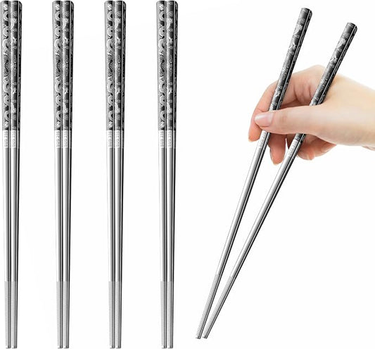 5 Pairs Dragon Chopsticks Set Black Stainless Steel 316 Kitchen Dinning Utensils Reusable Japanese Korean Chinese Dishwasher Safe Non-Slip Chop Sticks Tableware Gift 9.26"