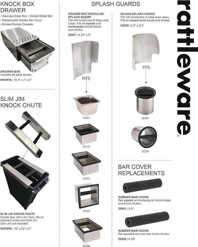 Rattleware Stainless Steel Open Bottom Knock Box Chute with Rubber Bar,6in | Open-bottom puck disposal