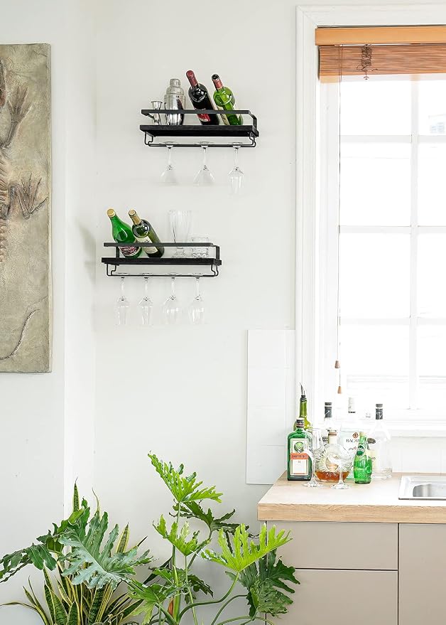 Mkono Wall Mounted Wine Rack Set of 2 Wood Shelf Rustic Wine Bottle Glass Floating Shelves with Stemware Hanger Modern Plants Photos Wine Display Storage Holder for Kitchen Dining Room Bar, Black | Space Saving, Stem Hanger, Floating Design, Store Wine...