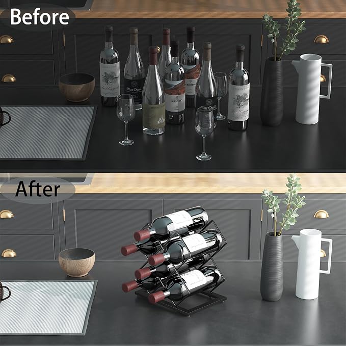 Countertop Wine Rack, 6 Bottles Wine Storage Capacity, Modern Corner Metal Wine Bottle Holder for Bar, Cabinet, Pantry, Tabletop Wine Racks for Cup and Water Bottle – Black