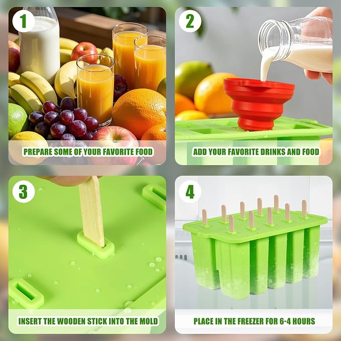 Silicone Popsicles Molds, Food Grade Popsicle Molds for Kids, Homemade Popsicle Mold, BPA Free Ice Cream Mold, lce Pop Molds Maker-with Popsicle Sticks, Popsicle Bags, Funnel (Light Green)