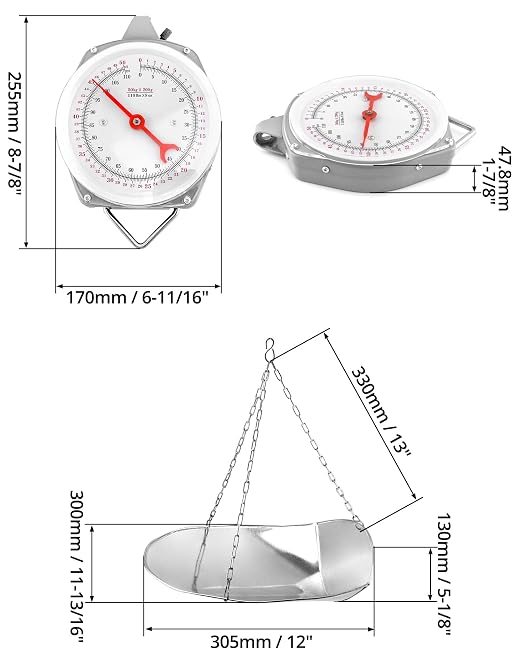 QWORK 110 lbs Large Display Spring Dial Weight Scale & Scale Scoop/Chain with Hanging Cradle, Steel Construction, for Shopping, Traveling, Kitchen, Silver