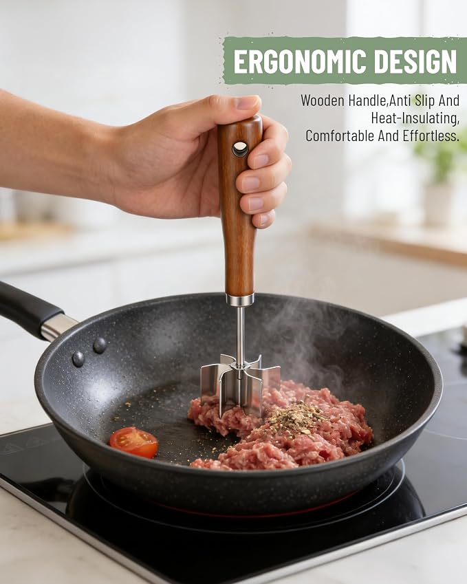 Stainless Steel Meat Masher: Ground Beef Chopper Hamburger Smasher Tool | Heat Resistant Up To 1500℉,6 Curve Blades,Hangable Wooden Handle,Efficient Chop and Stir Kitchen Gadgets