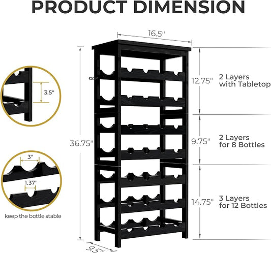 28-Bottle Wine Rack Free Standing Floor, Solid Wood 7-Tier Display Wine Storage Shelves with Tabletop, Wobble-Free Bottle Holder for Cellar Kitchen Bar Dining Room Living Room