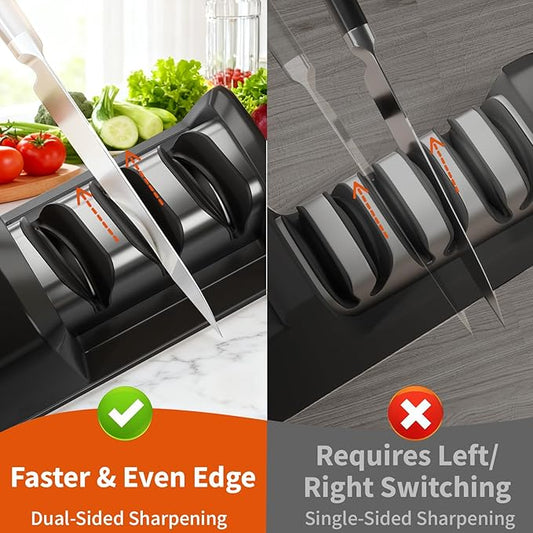 Electric Knife Sharpener, 3-Stage with 100% Diamond Abrasives, Dual-Sided Fast Sharpening, Low Noise & Auto Temperature Control, for Kitchen Straight, Serrated & Ceramic Knives