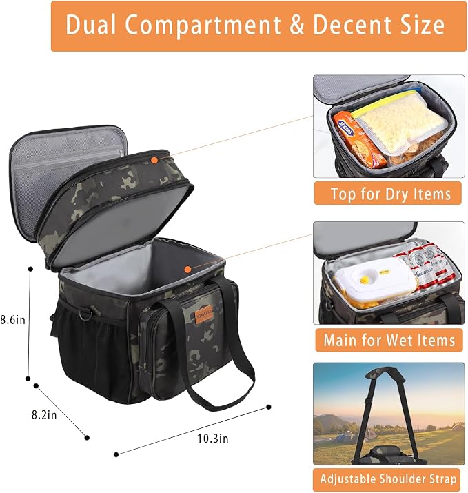 GLENKEY Expandable Lunch Box Cooler Bag - Insulated Soft Lunch Bag for Men Women - Large Lunchbox for Adults Work Camping Outdoor Travel Black Camo 16L
