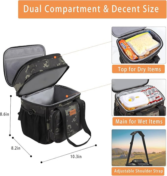 GLENKEY Expandable Lunch Box Cooler Bag - Insulated Soft Lunch Bag for Men Women - Large Lunchbox for Adults Work Camping Outdoor Travel Black Camo 16L