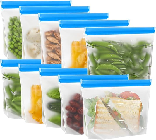 IDEATECH 10 Pack Reusable Quart Freezer Bags, Stand-Up Food Storage Bags | Leakproof, Dishwasher Safe, Stand-Up, BPA-Free Food Grade, Medium Size with Measurement Marks for Lunch, Snacks & Meal Prep