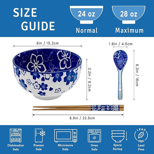 28Oz Ceramic Ramen Noodle Pho Bowl Set with Chopstick Spoon Gift Box | Lead & Cd Free, Food Safe, Microwave/Oven/Dishwasher Safe, Matching Pattern Set, Foam Packed, Ideal All-Occasion Gift