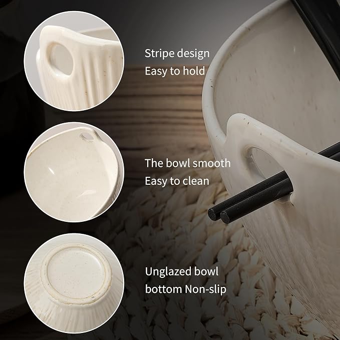 Ramen Bowl with Chopsticks and Spoons Set, 7 Inch Ceramic Noodle Bowl Set of 2, Donburi Bowl Dishwasher Safe for Pho Udon Soba Noodle Salad Pasta, Special Aged Ivory Speckle Bowls Set