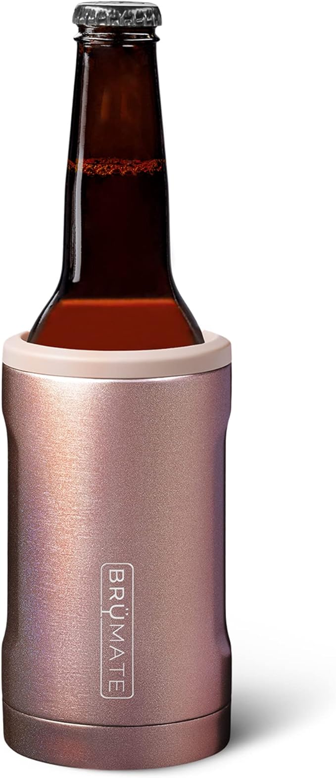 BrüMate Hopsulator Bott'l Insulated Bottle Cooler for Standard 12oz Glass Bottles | Glass Bottle Insulated Stainless Steel Drink Holder for Beer and Soda (Glitter Rose Gold)