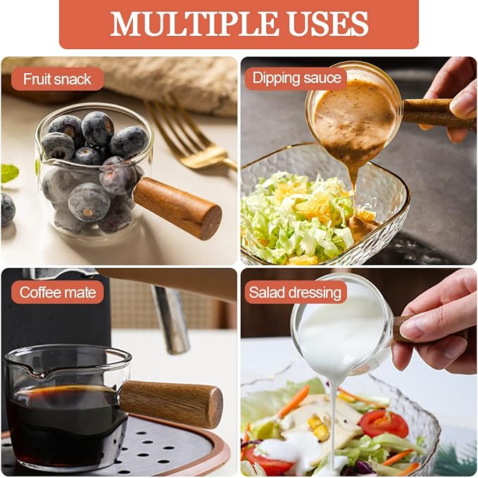 Mwellewm Single Spout Espresso Coffee Shot Glass with Wood Handle Measuring Cup Triple Pitcher Milk Cup Coffee Replacement Carafe for Barista Coffee Carafe Milk Espresso Making, 75 ml (2 Pieces)