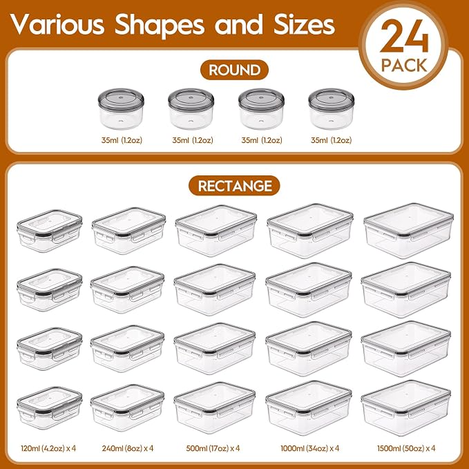 KEMETHY Large 48 Piece Food Storage Containers with Airtight Lids, BPA-free | 24 Containers & 24 Lids, Leak Proof, Meal Prep, Kitchen Storage, PVC-free Plastic, Microwave/Dishwasher Safe, Labels & Pen