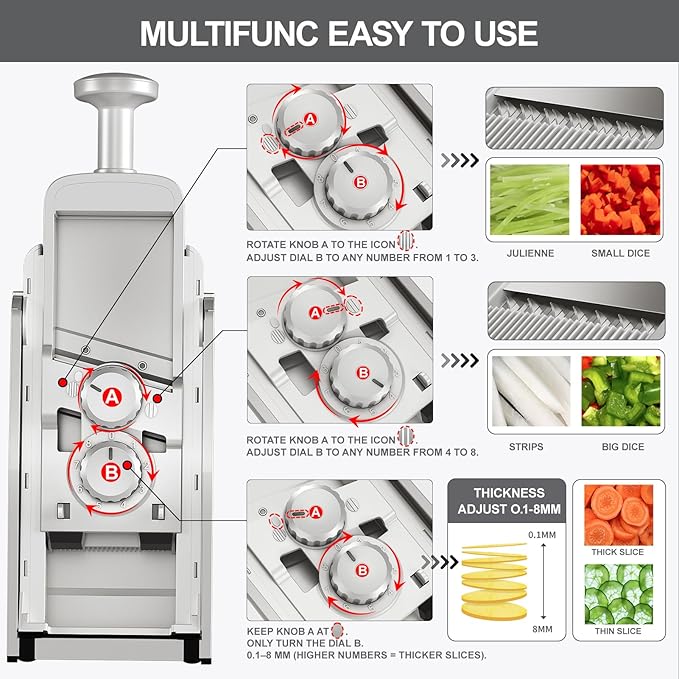 SUPMAKIN Safe Mandoline Slicer, Adjustable Vegetable Food Slicer and Chopper, Potato Fries Fry Cutter, Veggie Salad Chopper, New Kitchen Chopping Artifact Gifts 2026 (SliverGray)