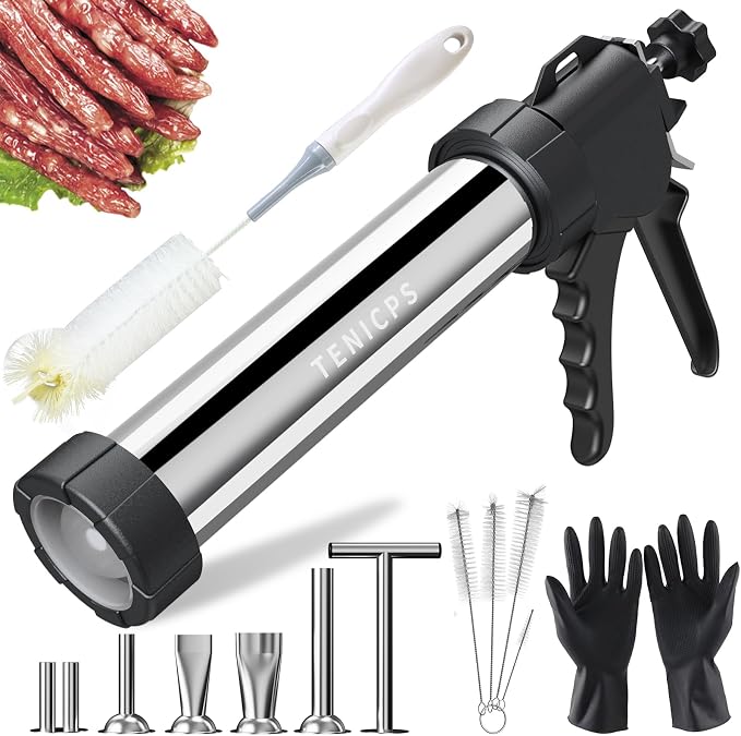 Professional Jerky Gun Kits, Sausage Maker, Stainless Steel Beef jerky gun for Ground Meat, Sausage Stuffer, Meat Gun with 5 Nozzles 5 Brushes 1 Meat Pusher & A Pair of Gloves, Kitchen Utensils Set