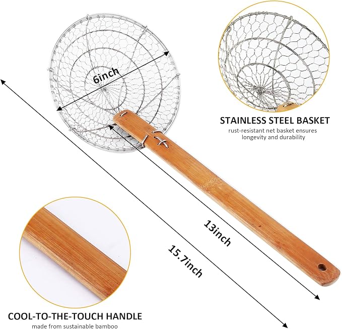 Stainless Steel Spider Strainer Asian Kitchen Wire Food Cooking Skimmer With Natural Bamboo Handle, 6-Inch, Hand-Made