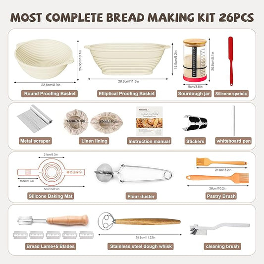 Sourdough Starter Kit, 26PCS Sourdough Bread Baking Supplies, Including a Sourdough Starter Jar (34OZ), Silicone Banneton Bread Proofing Basket Set of 2 (Yellow wood, Oversized glass mouth)