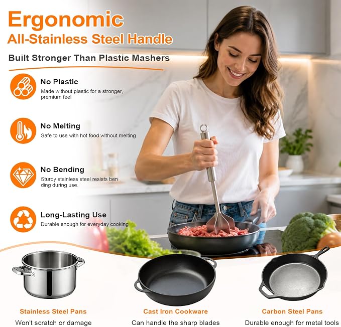 Palksky Meat Masher, 11 Inch Stainless Steel Ground Beef Masher with 6-Blade Head, Heavy Duty Meat Chopper for Ground Beef, Hamburger Smasher Tool for Potatoes, Chicken and Meal Prep