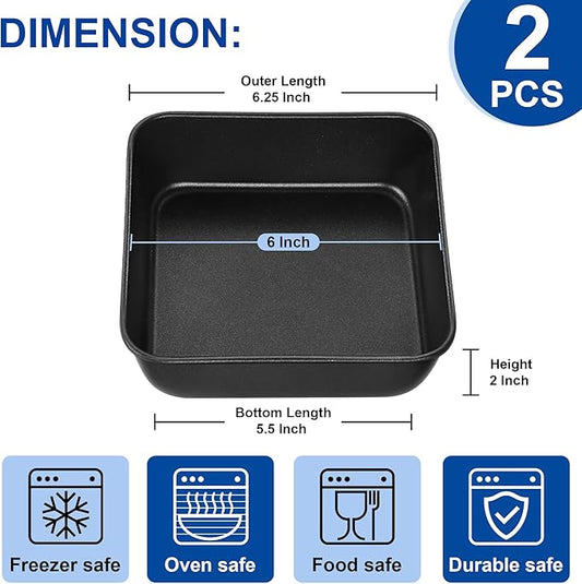 E-far 6 Inch Square Cake Pan Set of 2, Nonstick Small Baking Pan with Stainless Steel Core for Brownies Lasagna Cakes, Non-toxic & Easy Clean, 2 Inch Deep (Black)