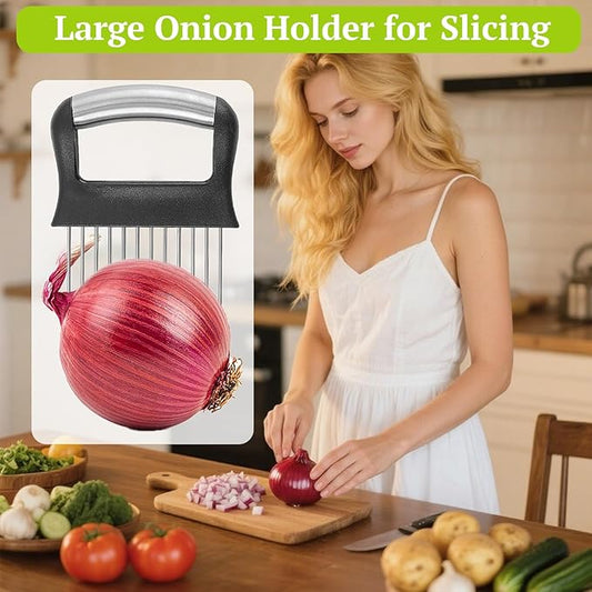 Suuker Onion Holder for Slicing, Large Onion Cutter Vegetable Chopper, Stainless Steel Tomato Slicer for Potato Lemon, Kitchen Food Slicer Guide for Neat Slicing, Meat Tenderizer Tool
