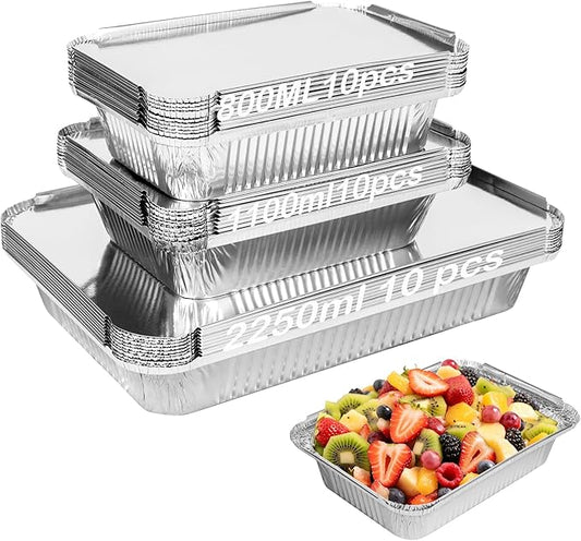 Notwoe® Disposable Aluminum Pans with Lids, 10x7.5 and 7.3x5.3 Square 6.9x4.3 Square Combo Set, Disposable Baking and Cake Pan. (L30 Pack w/Lids)