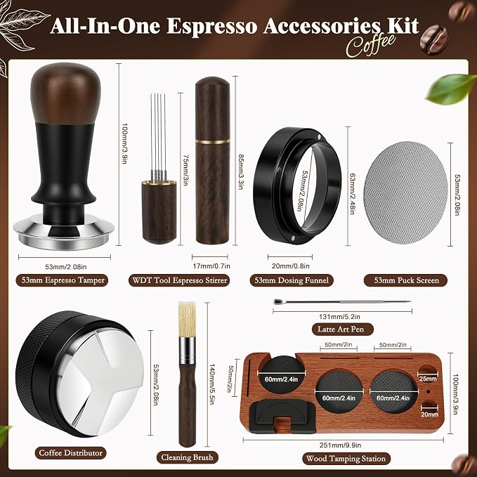 8 PCS Espresso Accessories Kit, 54mm Espresso Tamper Kit Coffee Tamper Set with Coffee Distributor, Espresso Tamping Station, Espresso WDT Stirrer,Dosing Funnel, Fits Breville 54 mm Portafilter