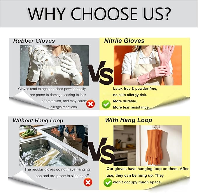 Cleaning Gloves with Hanging Loop, 3Prs Gloves for Washing Dishes | Nitrile Wash Gloves for Women, Latex free Reusable Household Gloves for Kitchen & Bathroom Cleaning, Colorful Size M