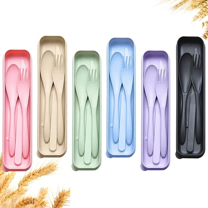 YDYTOP Reusable Travel Utensils Set with Case, 6 Sets Wheat Straw Portable Knife Fork Spoons Cutlery, Eco-Friendly BPA Free Plastic Tableware for Kids Adults School Lunch Party Picnic and Camping