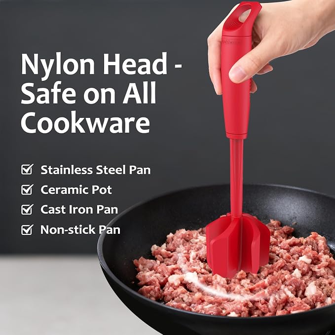 Ourokhome Meat Chopper and Potato Masher, Heat Resistant Nylon Ground Beef Smasher for Hamburger, 5 Curved Blades Nonstick Safe Mixer & Stirrer, Practical Kitchen Gadgets, Red