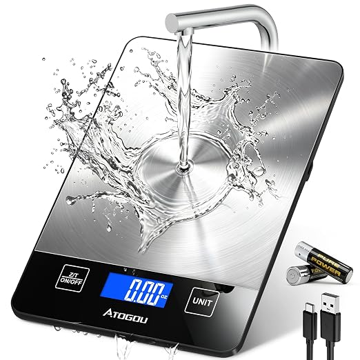 Atogou Food Scale - 33lb Digital Kitchen Scale Ounces Grams, Rechargeable & Full-View Display, Water-Resistant, Batteries or USB-C Charging, Stainless Steel, for Cooking, Meal Prep, Package (Black)