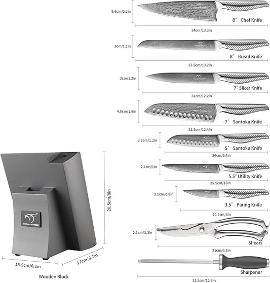 NANFANG BROTHERS® 10 Pieces Damascus Kitchen Knife Set, High Carbon Stainless Steel Damascus Steel Chef Knife Set, Stainless Steel Ergonomic Handle for Chef, with Built-in Sharpening Rod NF