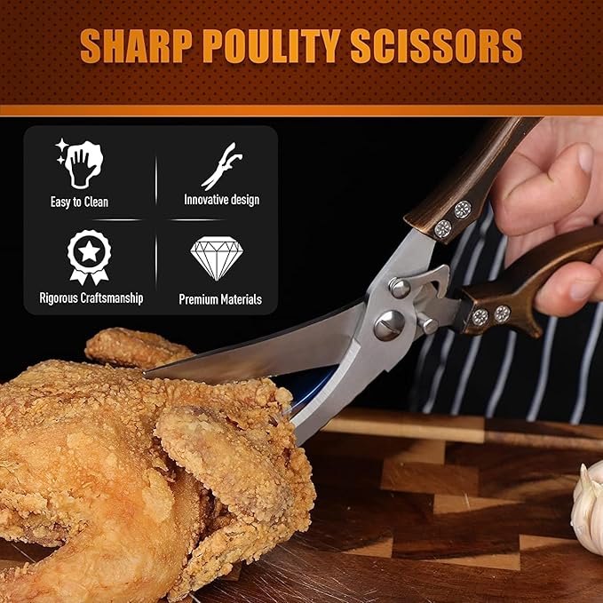 Poultry Shears, Heavy Duty Kitchen Shears with Serrated Edge, No Rust Spring Loaded, Multipurpose Stainless Steel Kitchen Scissors for Chicken, Bone, Meat, Turkey, Fish Thanksgiving Gifts
