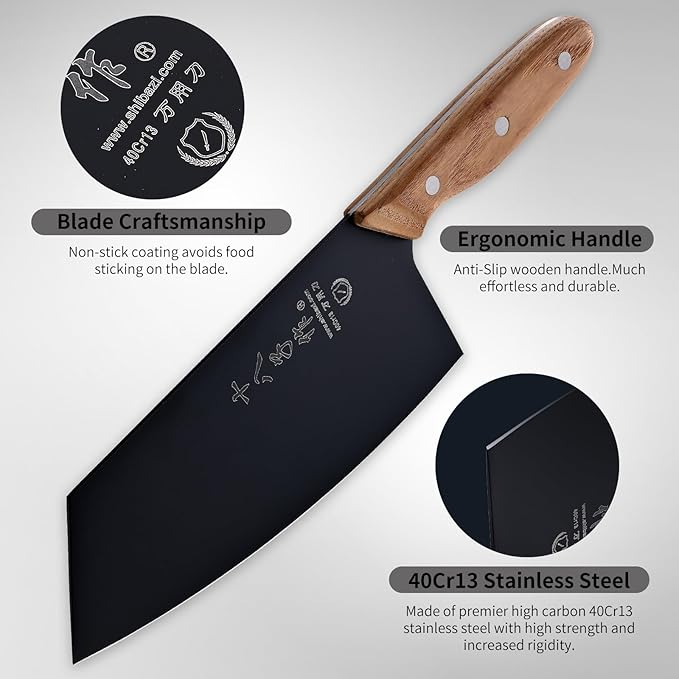 SHI BA ZI ZUO Meat Cleaver, Vegetable Cleaver, Utility Knife Chinese Chef Knife for Kitchen Stainless Steel Ergonomic Design Wooden Handle