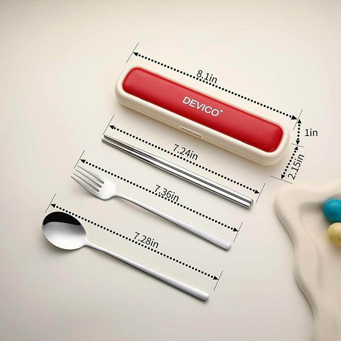 DEVICO Utensils for Lunch Box, Portabl Korean Chopsticks Fork and Spoon Set | 4Pcs 18/8 Stainless Steel Travel Silverware Set with Case, for Camping/School, for Kids/Adults, Dishwasher Safe, Beige-Red