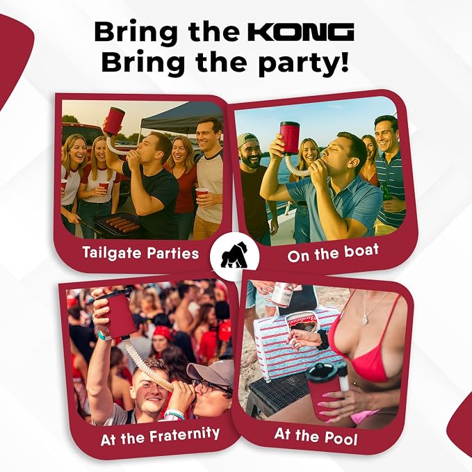 The Kong 2.0 - A Portable Can or Bottle Cooler/Cup With A Detachable, Expandable, Hose To Funnel Your Drink (Red)