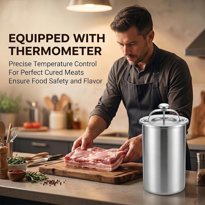 304 Stainless Steel Ham Maker with Thermometer, Lunch Meat Press Mold for Homemade Cold Cuts, Rolled Meat, 2 LB Capacity