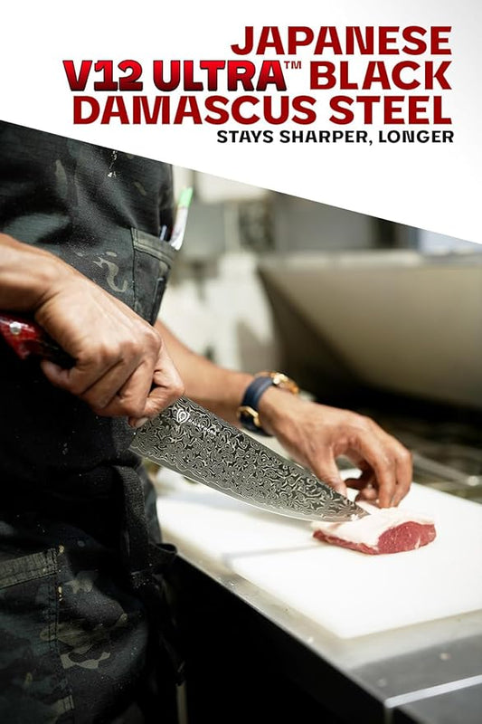 Dalstrong 8 in Chef Knife - Scorpion Series - Exclusive Japanese V12 Ultra™ Steel - Black Damascus - Black & Red Honeycomb Resin Handle - w/ 8 inch chef knife sheath