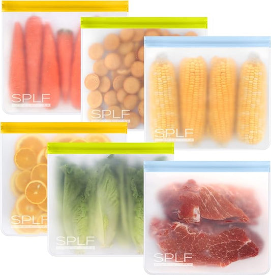SPLF 6 Pack Reusable Gallon Freezer Bags Dishwasher Safe, Muticolor | BPA Free 1 gallon Leakproof Silicone and Plastic Free Food Storage Bags for Meal Prep, Fruits, Sandwich, Snack, Travel Items