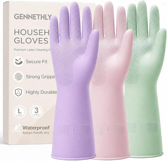 3 Pairs Dishwashing Gloves, Reusable Dish Gloves for Household Cleaning, Waterproof Rubber Dish Washing Glove