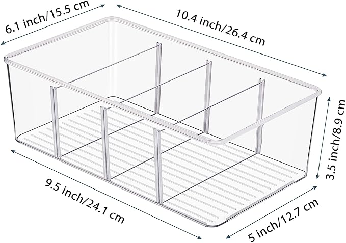 Vtopmart 6 Pack Food Storage Organizer Bins, Clear Plastic, 4 Compartments | For Pantry, Kitchen, Fridge and Cabinet Organization, Organize Food Packets, Snacks, Pouches and Spice Packets
