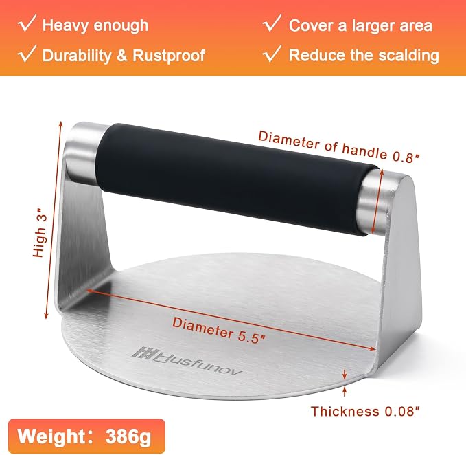 Stainless Steel Burger Press，5.5 Inch Round Smasher，With Anti-Scald Handle | Hamburger Non-Stick Grill Press，Flat Bottom Without Ridges, for Cooking Burgers, Bacon, Ground Beef, Meats, Sausage