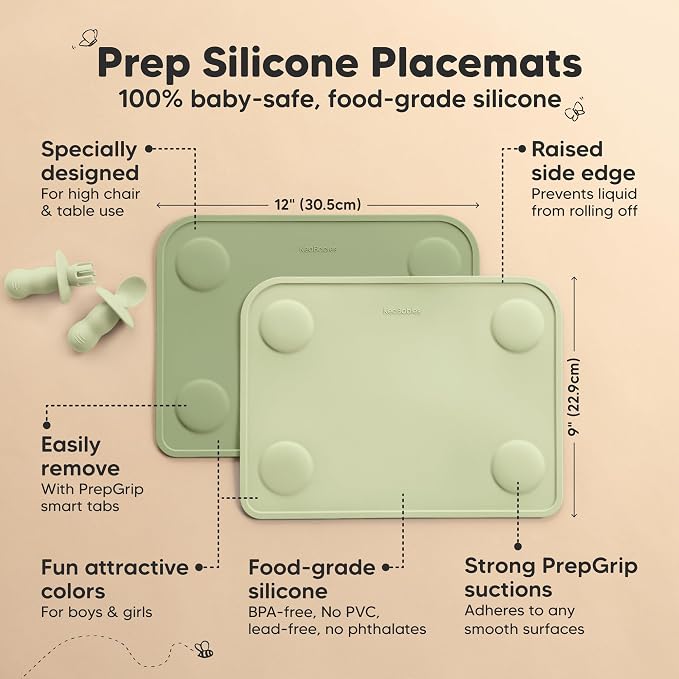 KeaBabies 2pk Silicone Placemats for Toddlers, Kids, Baby, 12x9 (Sage, S) | Non Slip Suction Silicone Placemat for Restaurants, Dining Table,Travel, Easy to Clean, Food Grade/BPA-Free, Small Table Mat
