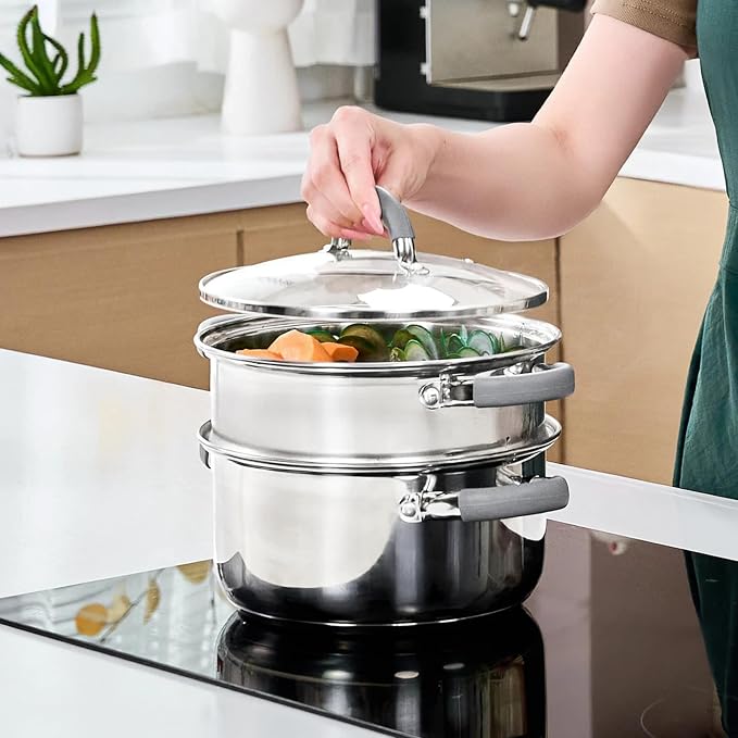 Sunhouse: 3 Quart Stainless Steel Steamer Pot - 2-Tier Cookware, Tempered Glass Lid, Stay-Cool Silicone Handles, 3-Ply Bottom, Dishwasher & Oven Safe | Steaming Pot with Glass Lid & Steamer Basket - 2 Tier Tri-ply Stovetop Steamer For Vegetable, Veggie...