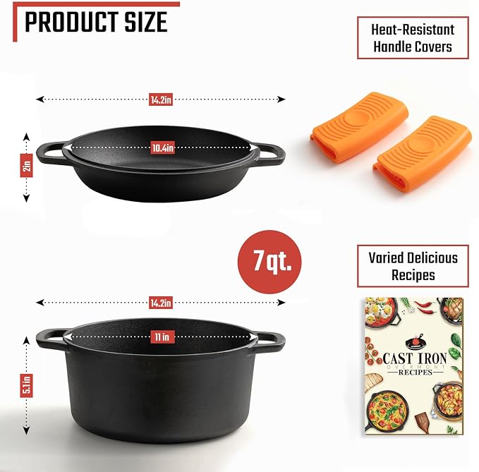 Overmont 7QT Double Dutch Oven - 2-in-1 Pre-Seasoned Cast Iron Pot & Recipe | Skillet Lid Doubles as Frying Pan, Heavy Duty Cast Iron Pot with Handle Covers, for Sourdough Baking Frying Outdoor Camping